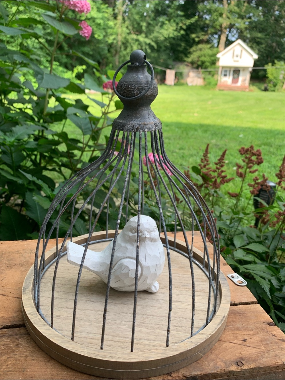 Decorative White Mosaic Bird in Rustic Metal Cage